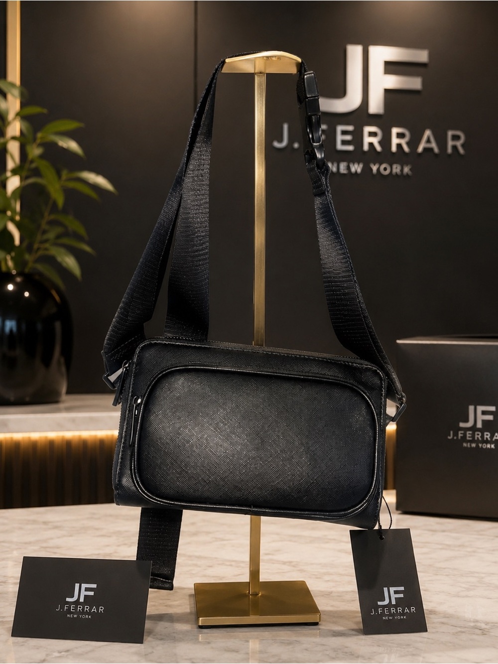 NWT JF Black Saffiano Leather Crossbody Sling Camera Bag Utility Messenger